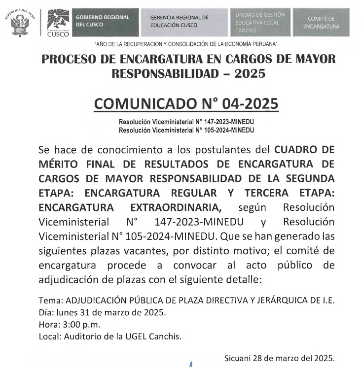 COMUNICADO N° 04-2025 - Proceso de encargatura en cargos de mayor responsabilidad
